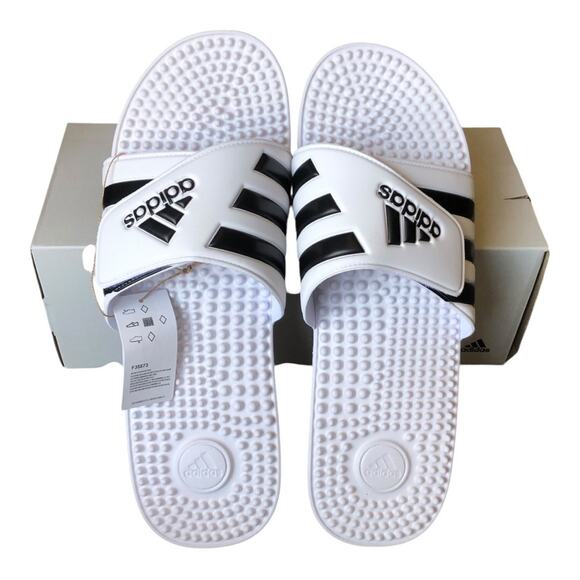 Adidas NIB Adissage Massage Post Workout Rejuvenation Slides White Black Size 17 - Picture 1 of 16